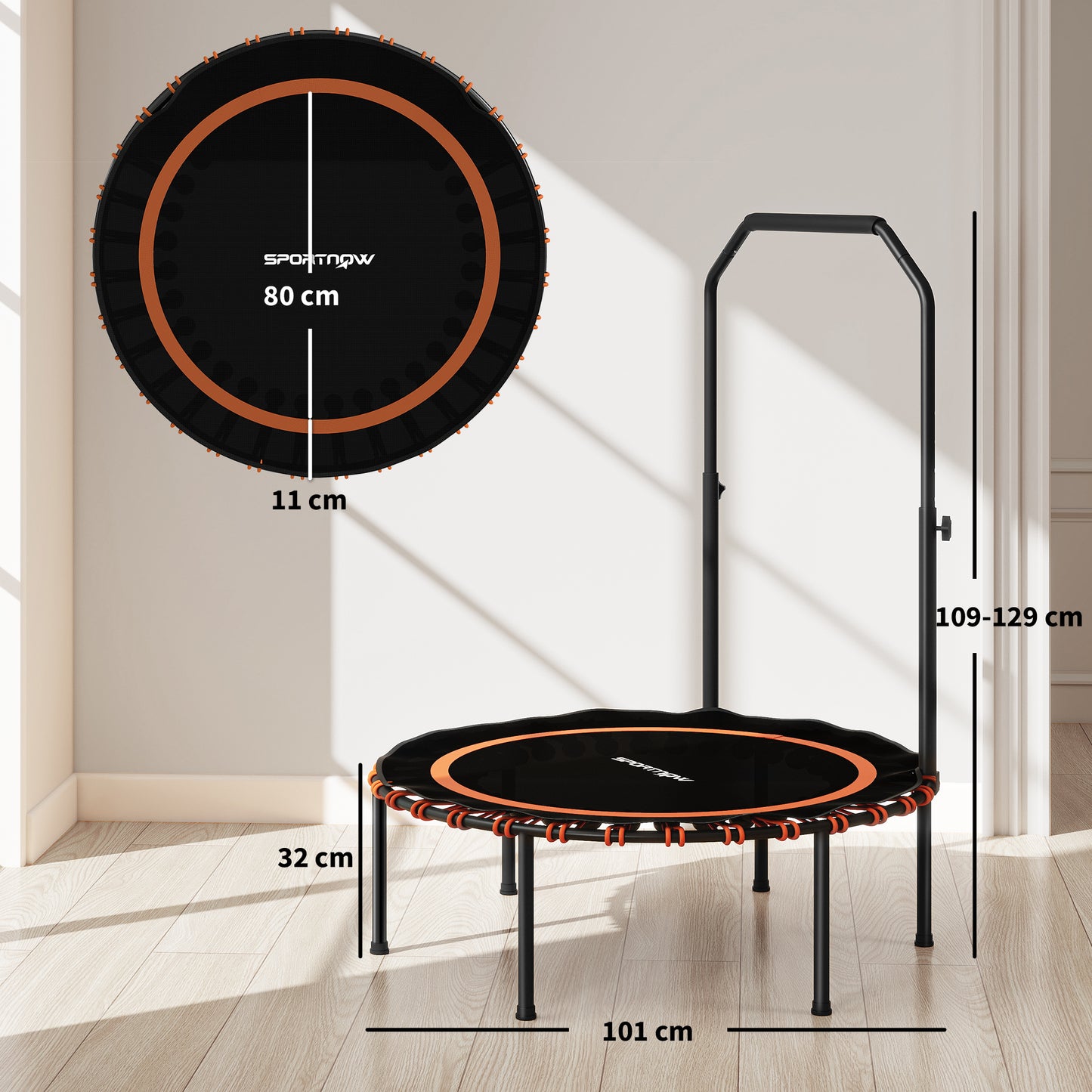 40'' Foldable Fitness Trampoline, Mini Trampoline Bungee Rebounder with 5-Level Adjustable Handle for Adults Indoor Outdoor Exercise, Orange