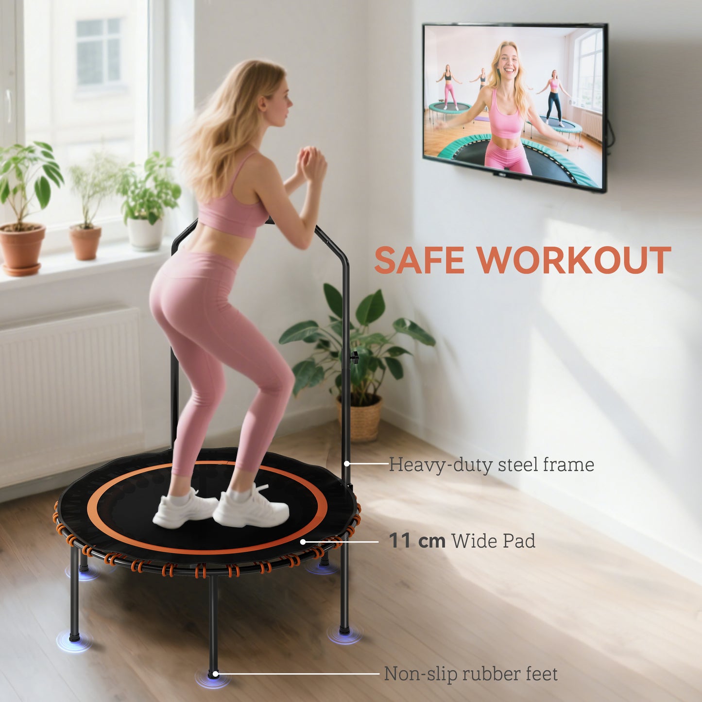 40'' Foldable Fitness Trampoline, Mini Trampoline Bungee Rebounder with 5-Level Adjustable Handle for Adults Indoor Outdoor Exercise, Orange