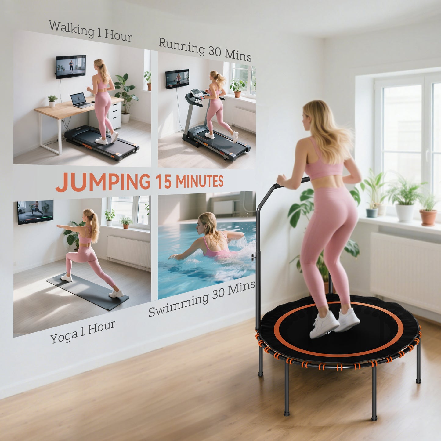 40'' Foldable Fitness Trampoline, Mini Trampoline Bungee Rebounder with 5-Level Adjustable Handle for Adults Indoor Outdoor Exercise, Orange