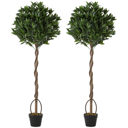 Artificial Bay Laurel Topiary Trees with Twisted Trunk, Realistic Lush Topiary Ball Tree with Weighted Pot, 5FT Indoor Greenery Plant for Home Office Decor, Set of 2, Green