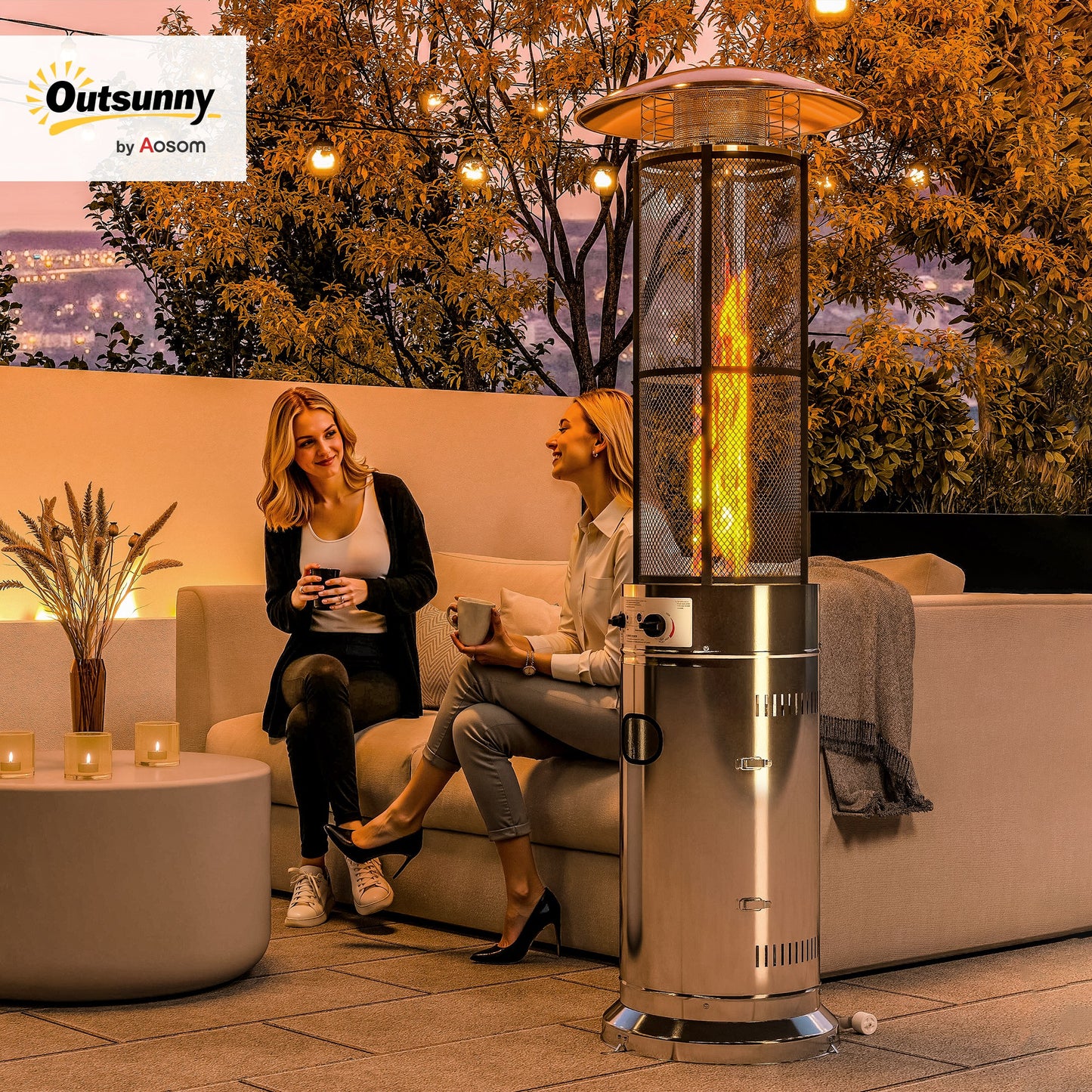 11 KW Freestanding Gas Patio Heater, Adjustable Outdoor Garden Propane Heater with Tip-Over Switch, Wheels, Pulse Ignition, Tank Room with Openable Door, Silver Tone