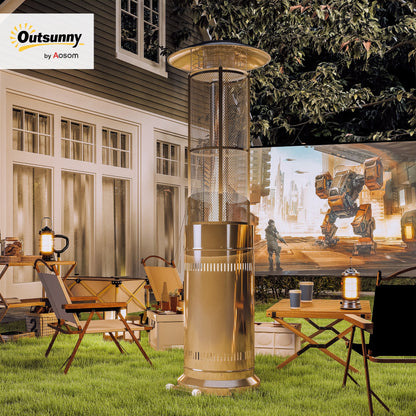 11 KW Freestanding Gas Patio Heater, Adjustable Outdoor Garden Propane Heater with Tip-Over Switch, Wheels, Pulse Ignition, Tank Room with Openable Door, Silver Tone