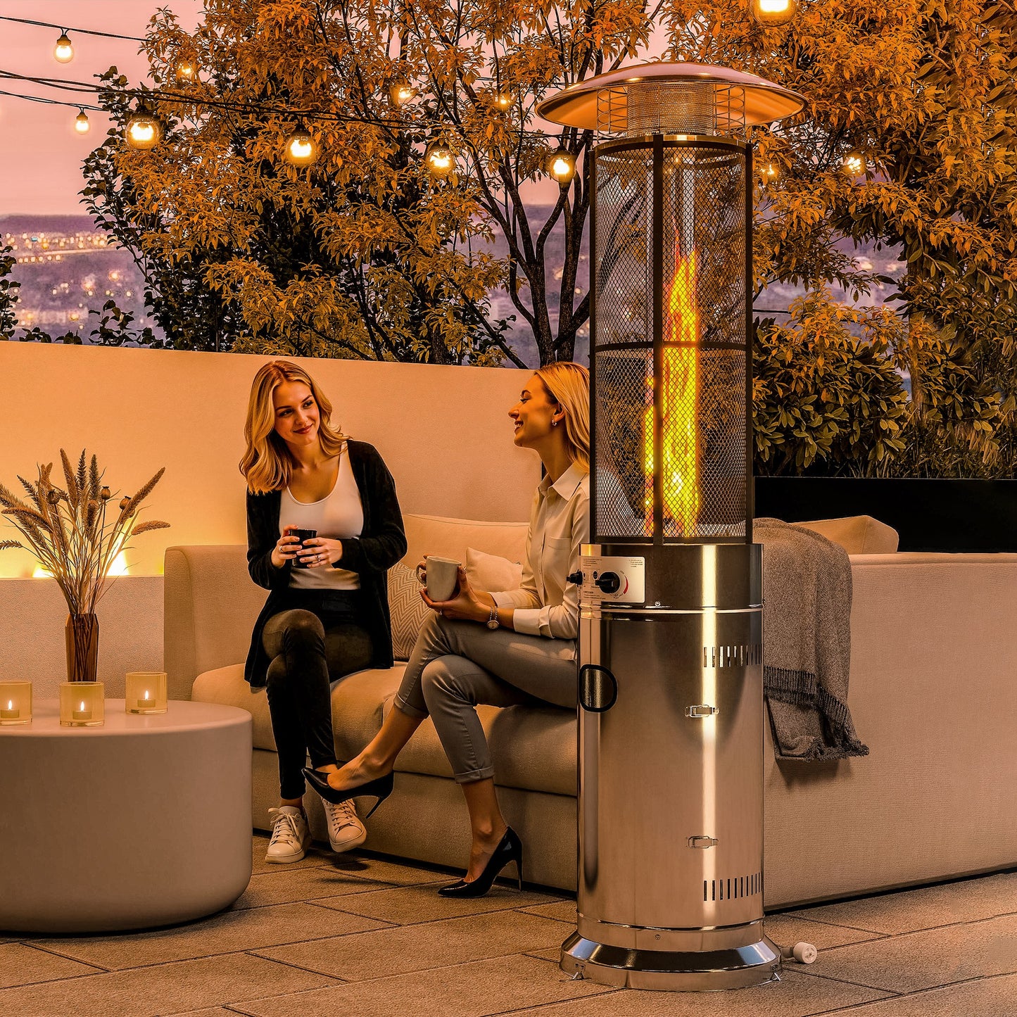 11 KW Freestanding Gas Patio Heater, Adjustable Outdoor Garden Propane Heater with Tip-Over Switch, Wheels, Pulse Ignition, Tank Room with Openable Door, Silver Tone