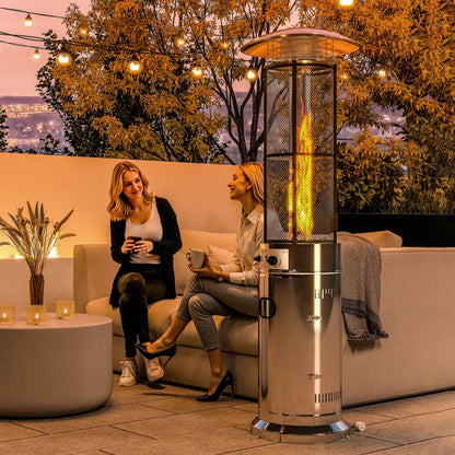 11 KW Freestanding Gas Patio Heater, Adjustable Outdoor Garden Propane Heater with Tip-Over Switch, Wheels, Pulse Ignition, Tank Room with Openable Door, Silver Tone