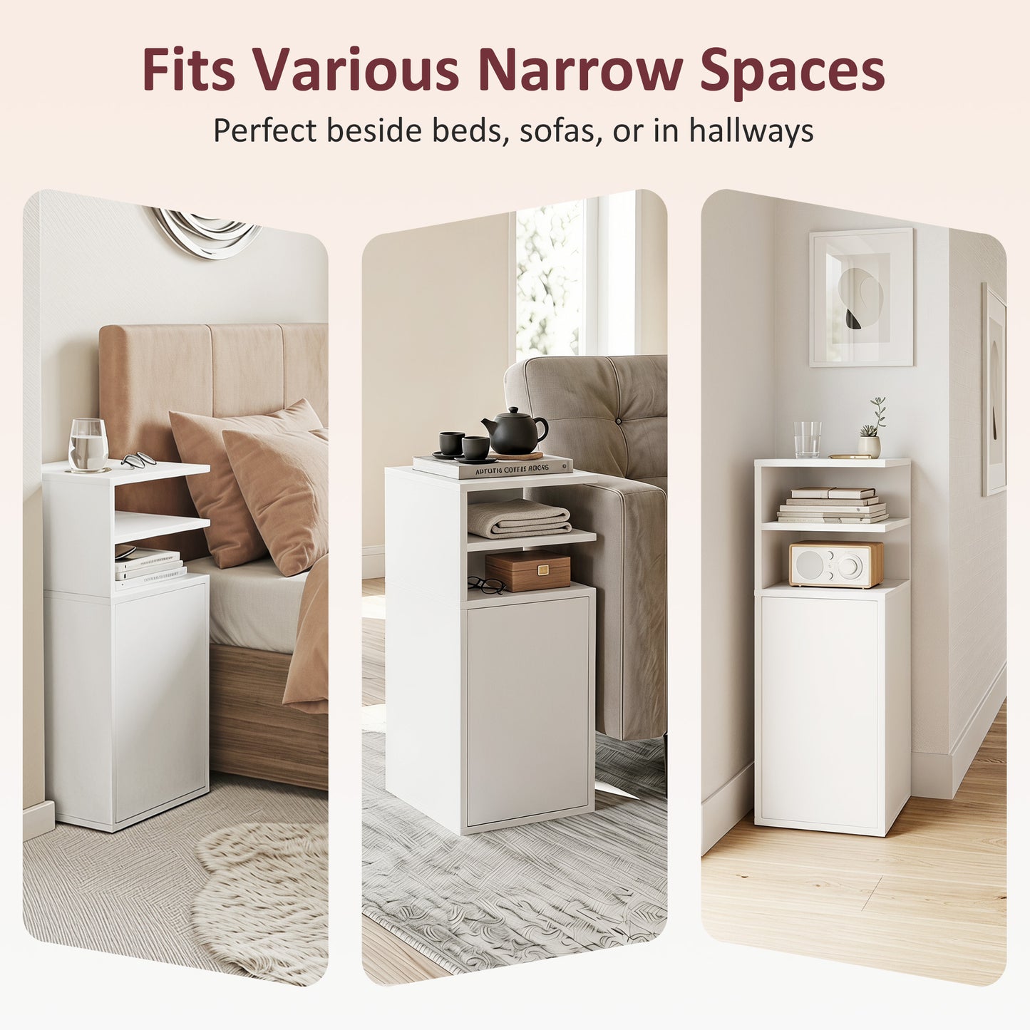 Slim Bedside Table Set of 2 with Open Cubbies and Cupboard, White