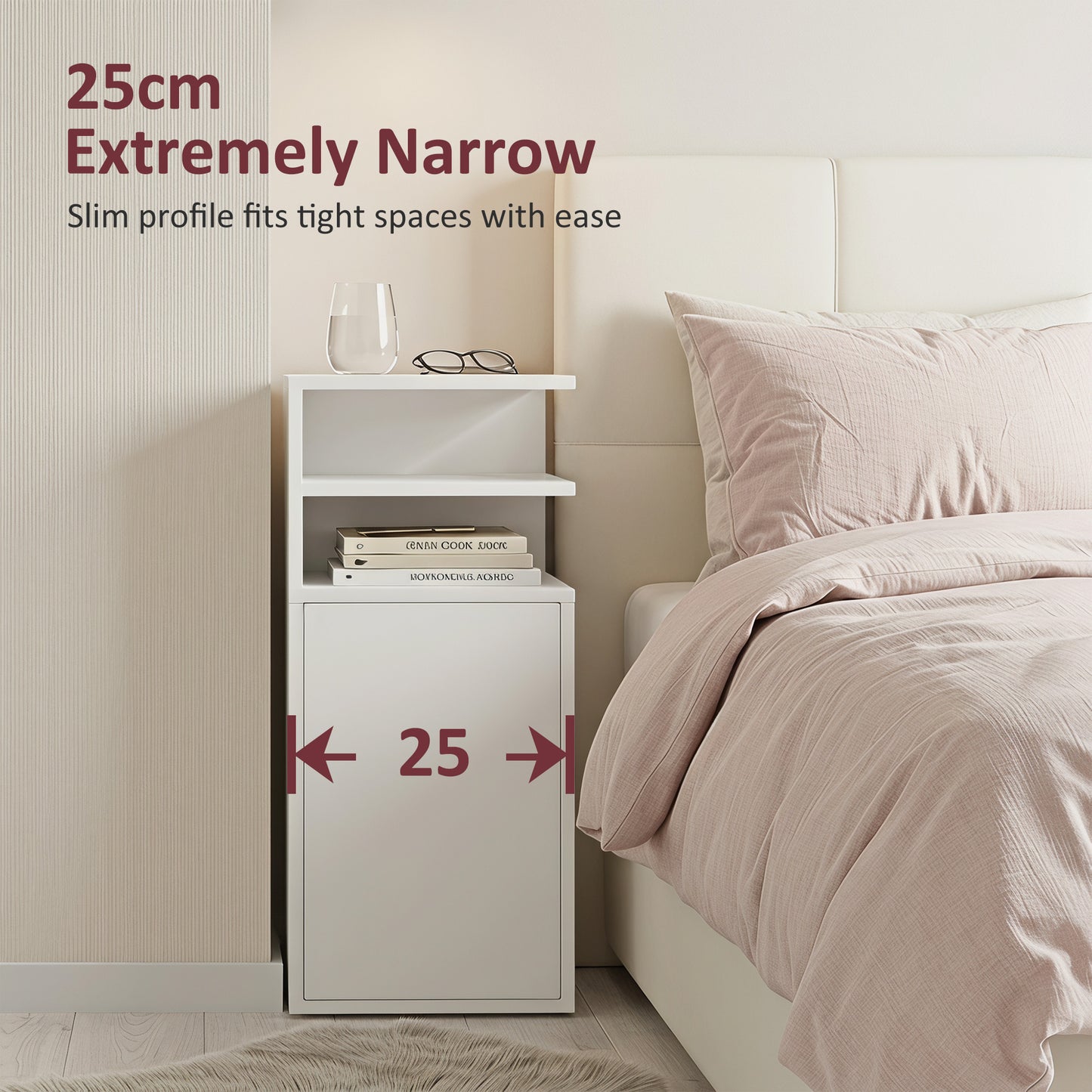 Slim Bedside Table Set of 2 with Open Cubbies and Cupboard, White