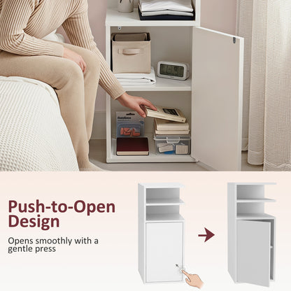 Slim Bedside Table Set of 2 with Open Cubbies and Cupboard, White