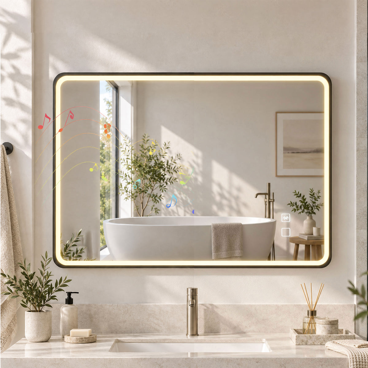 100 x 70cm Rectangular LED Bathroom Mirror with Bluetooth Speaker and Demister - Black