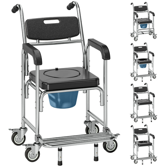 3-in-1 Commode Chair with Wheels, Transport Beside Shower Chair, Waterproof Rolling Shower Commode Wheelchair with Padded Seat for Disabled and Elderly People, Black
