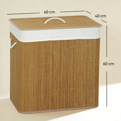 144L Laundry Basket with Lid, 3 Section Bamboo Laundry Hamper with Removable and Washable Liner, Handles, Dirty Clothes Hamper for Bathroom, Bedroom, Brown