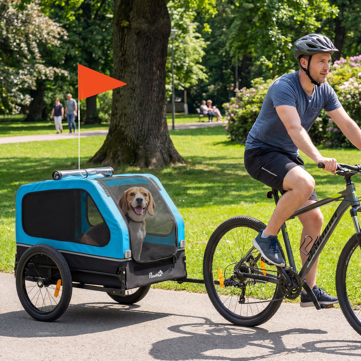Dog Bike Trailer Support Up to 20 kg, Dog Bicycle Carrier, Easy Store Cart with Quick Release Frame, Flip-Down Ramp Tailgate, Universal Bicycle Coupler, Reflectors, Flag, Blue