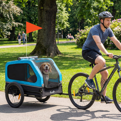 Dog Bike Trailer Support Up to 20 kg, Dog Bicycle Carrier, Easy Store Cart with Quick Release Frame, Flip-Down Ramp Tailgate, Universal Bicycle Coupler, Reflectors, Flag, Blue
