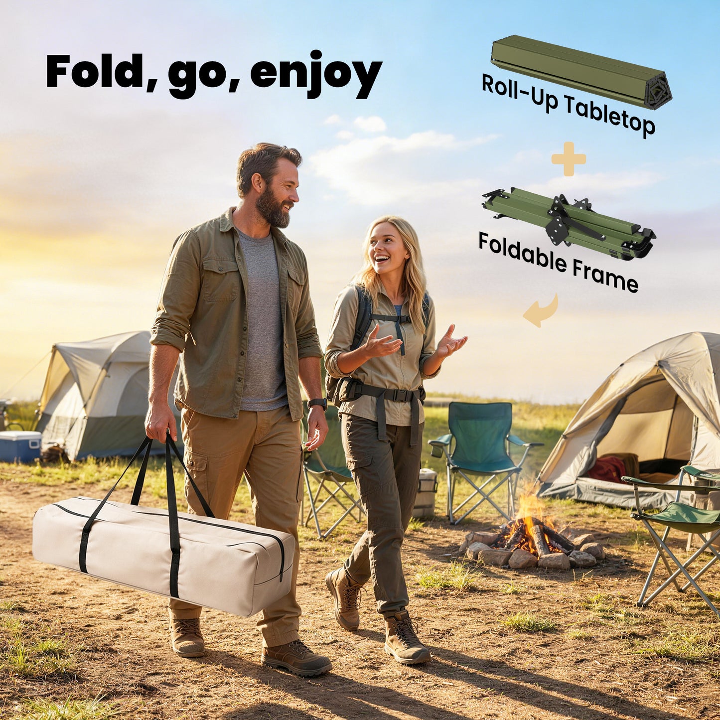 4ft Folding Camping Table, Picnic Table with Roll Up Top, Green