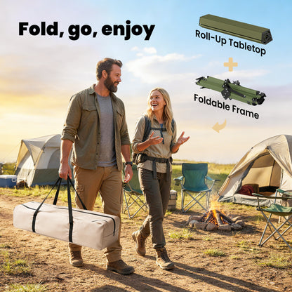 4ft Folding Camping Table, Picnic Table with Roll Up Top, Green