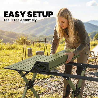 4ft Folding Camping Table, Picnic Table with Roll Up Top, Green