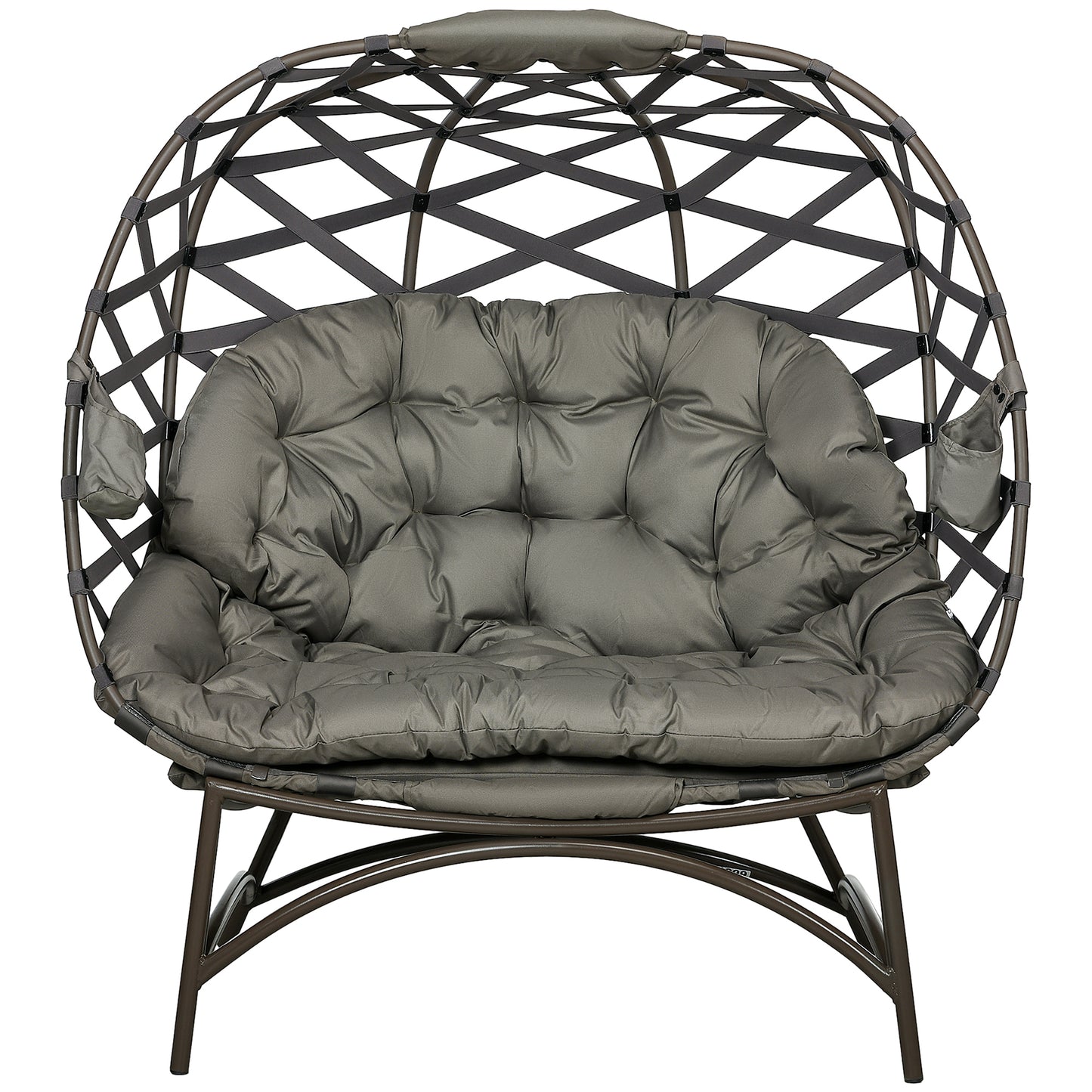 2 Seater Egg Chair Outdoor, Folding Weave Garden Furniture Chair with Cushion, Cup Pockets - Sand Brown