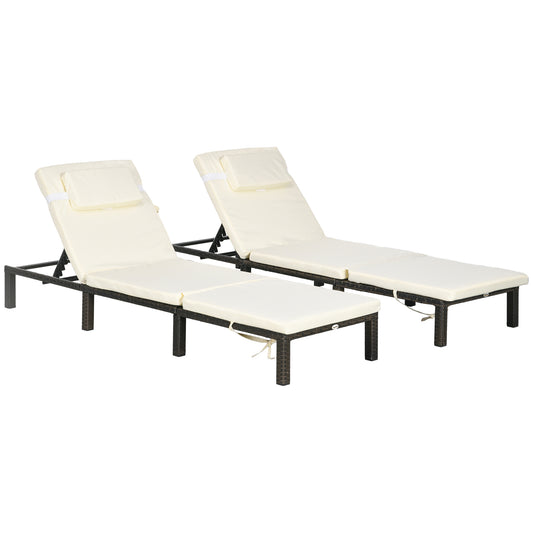 2 Pieces Rattan Sun Loungers w/ Padded Cushion for Poolside Cream White