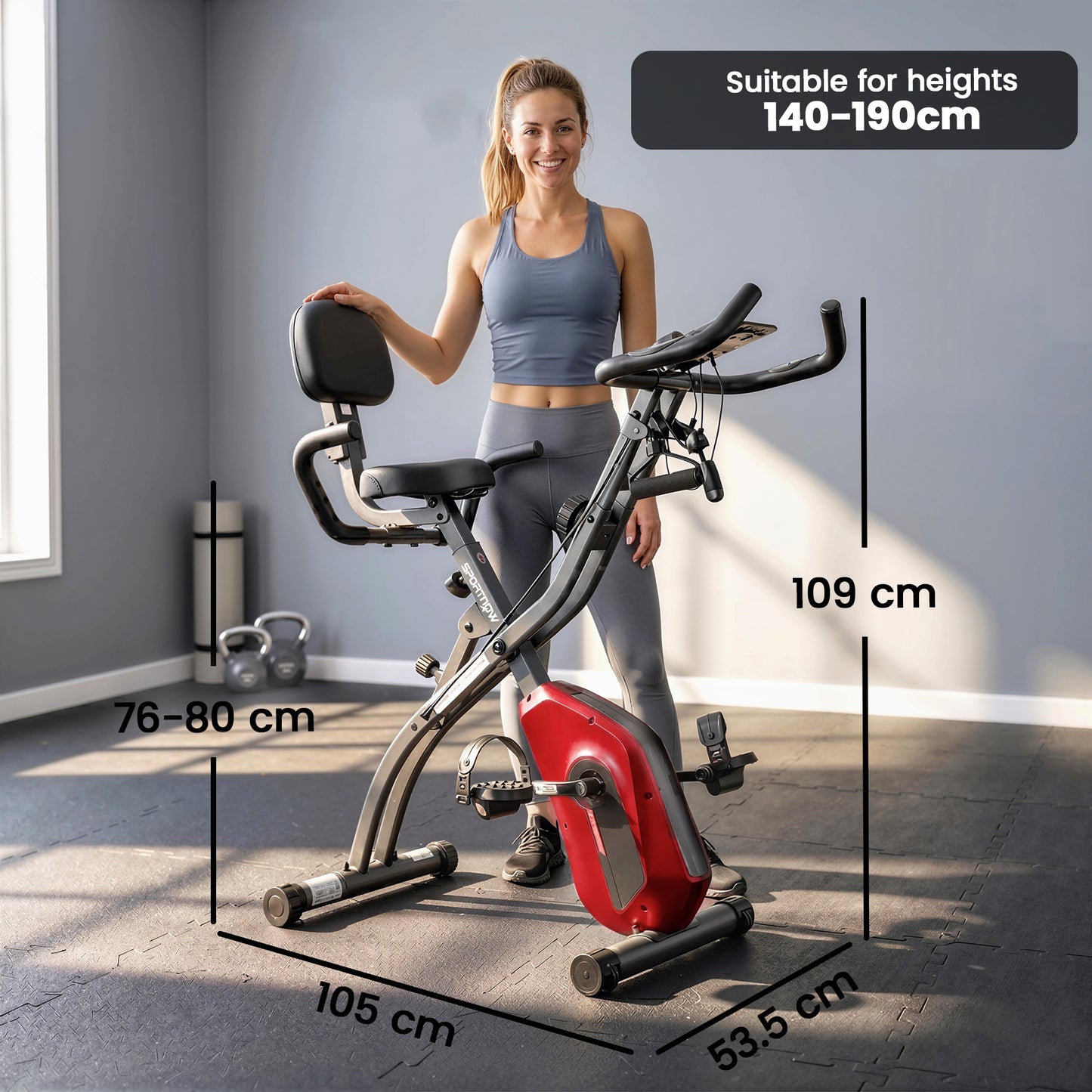 3-In-1 Folding Exercise Bike with Resistance Bands, Indoor Stationary Bike with Bluetooth App, Quiet 8-Level Magnetic Resistance, LCD Display, Pulse Sensor, Adjustable Seat, Wheels, Red