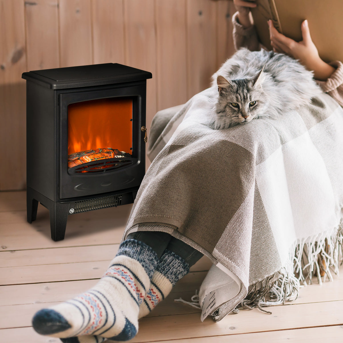 Freestanding Electric Fireplace Stove Heater W/ LED Flame Effect Black