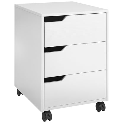 MDF Mobile File Cabinet w/ 3 Drawers Locking Wheels Metal Rails White