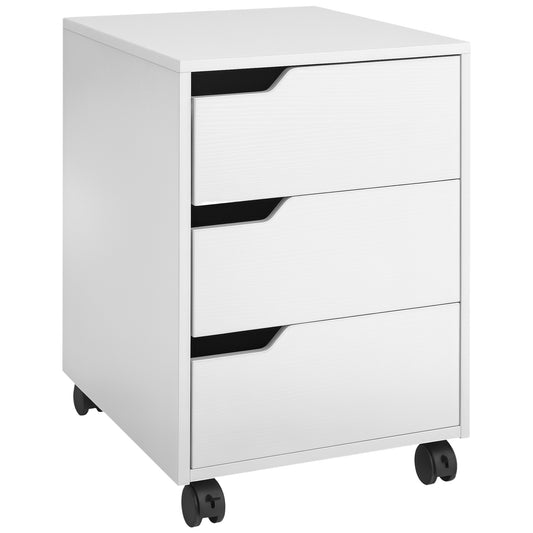 MDF Mobile File Cabinet w/ 3 Drawers Locking Wheels Metal Rails White
