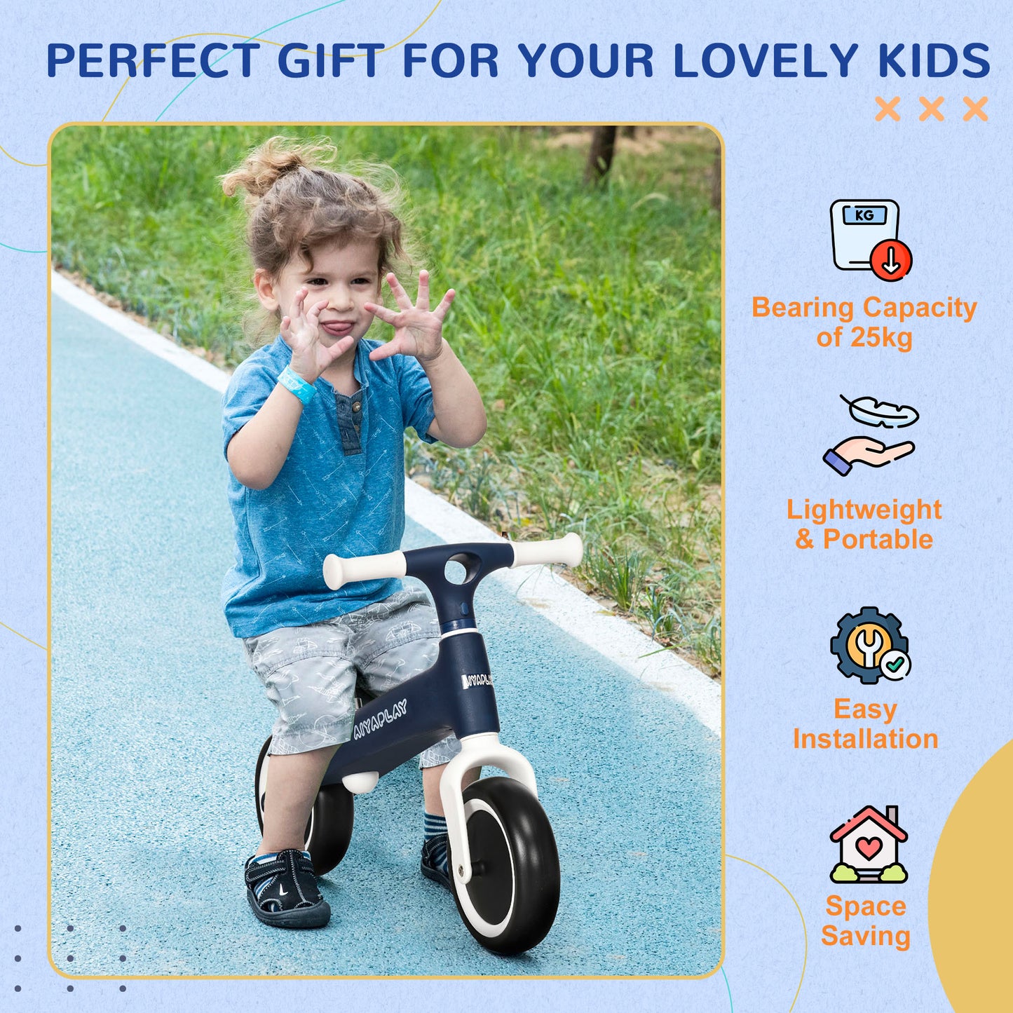 Baby Balance Bike, Children Bike w/ Adjustable Seat, Wide Wheels - Blue