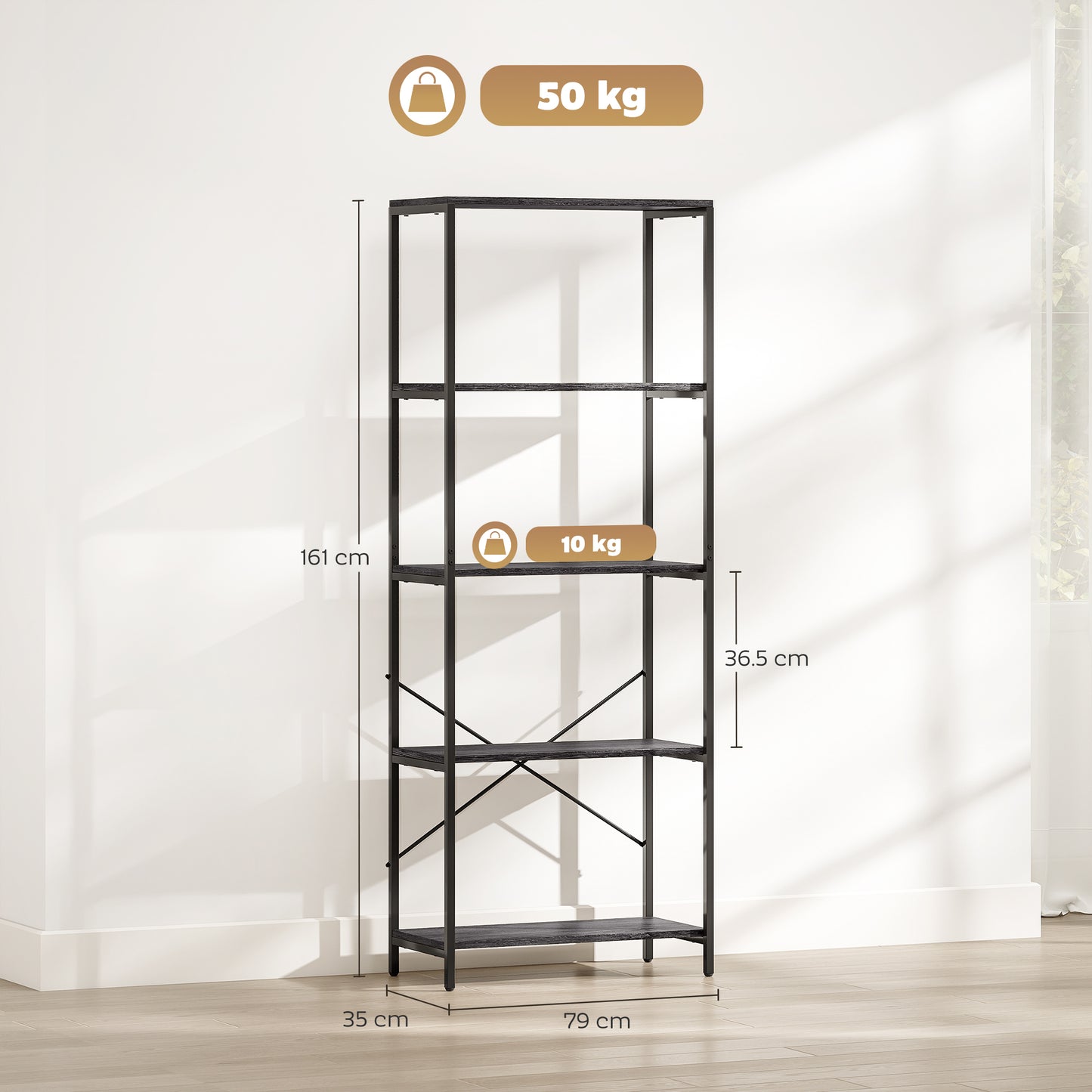Industrial Bookshelf, Freestanding Bookcase, Dark Grey and Black
