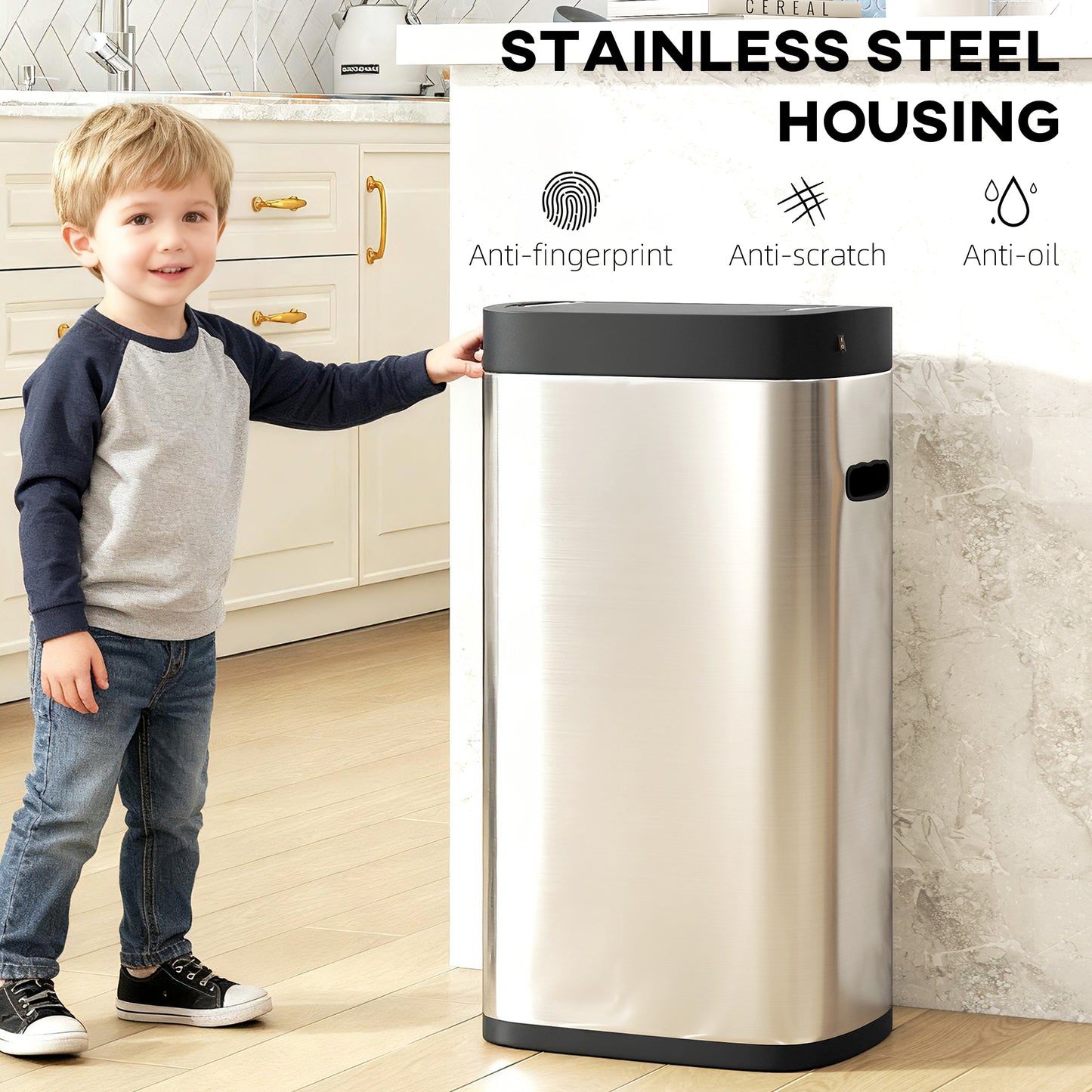 50L Sensor Bin, Touchless Kitchen Bin, Battery Operated, Silver Tone