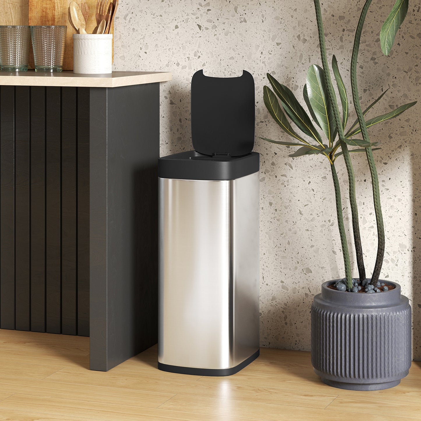 50L Sensor Bin, Touchless Kitchen Bin, Battery Operated, Silver Tone