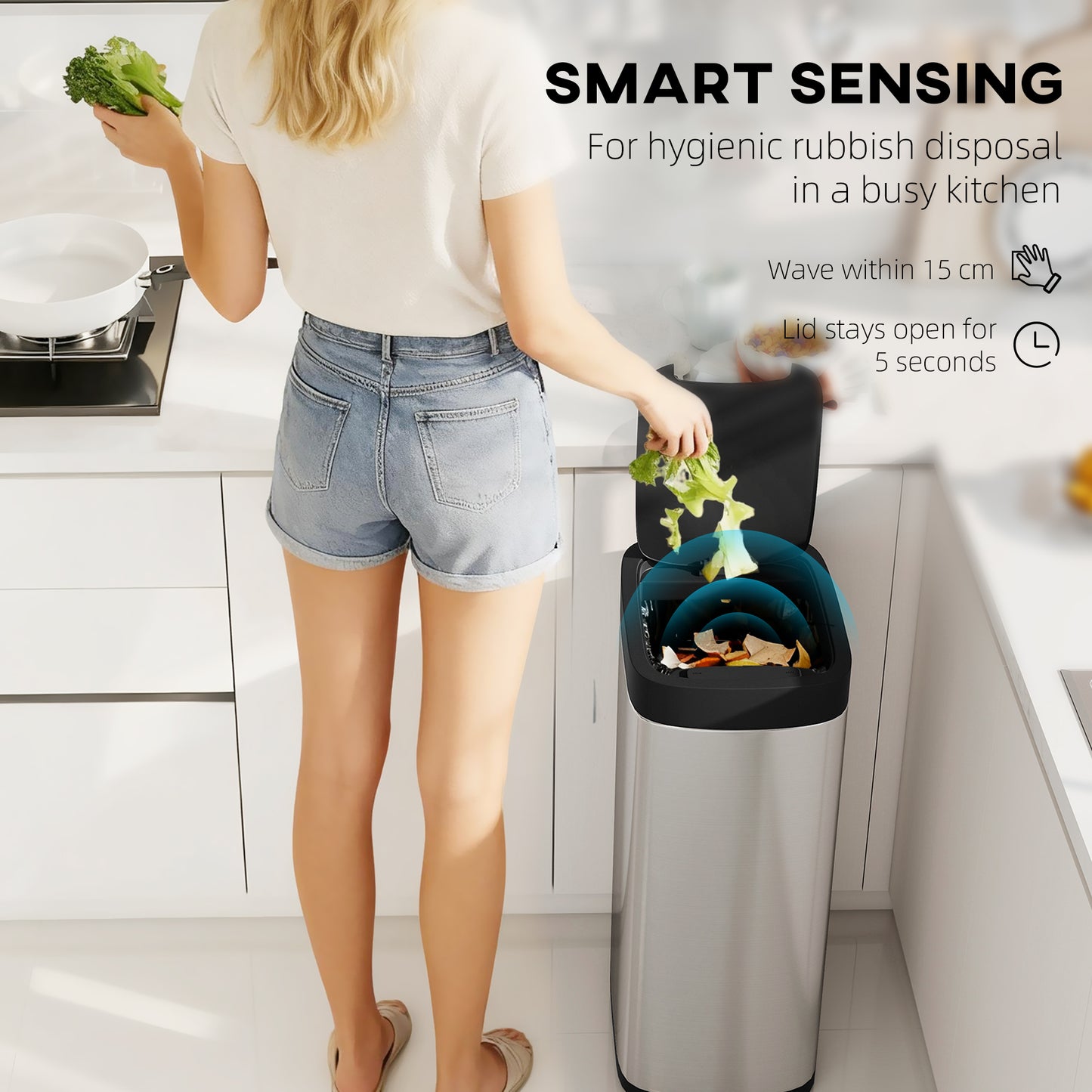 50L Sensor Bin, Touchless Kitchen Bin, Battery Operated, Silver Tone