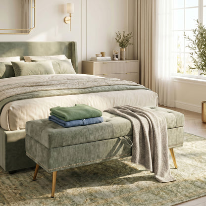 Storage Ottoman, Chenille Ottoman Storage Box, Light Green