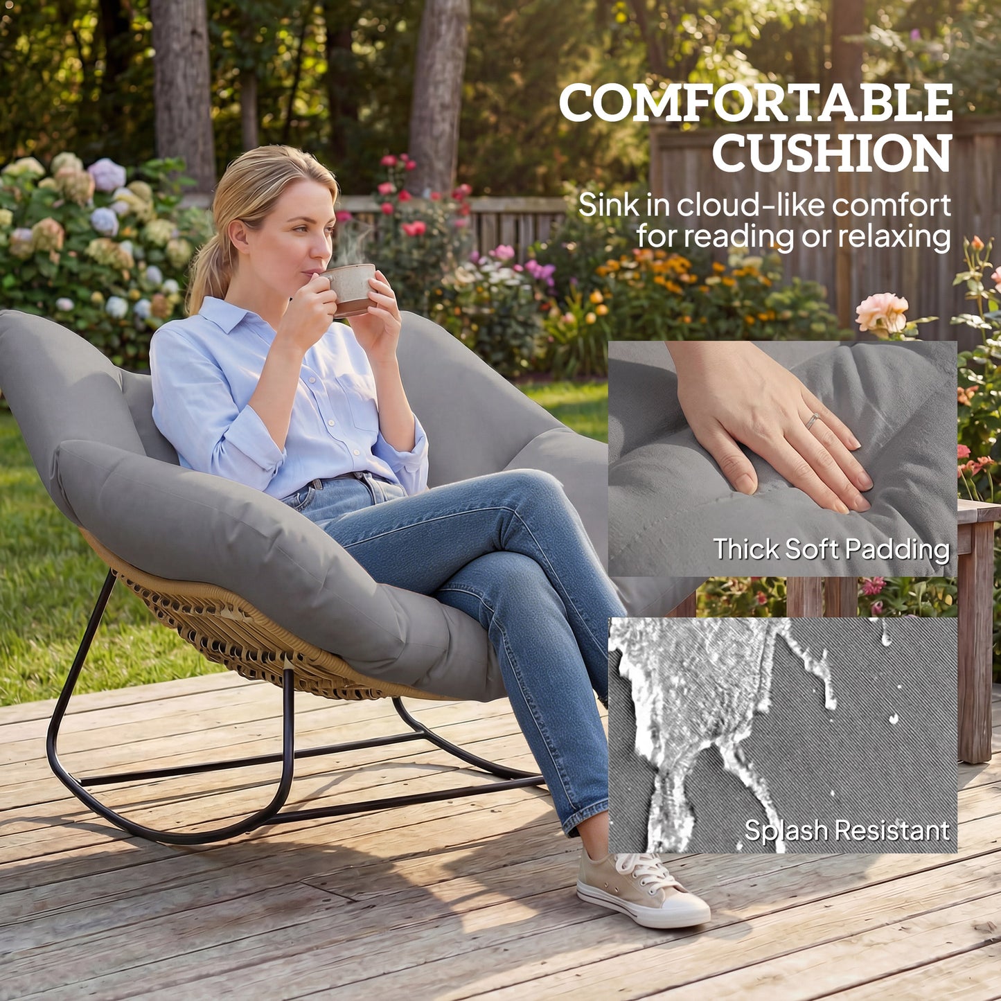 Indoor Outdoor Rocking Chair with Cushion, Grey