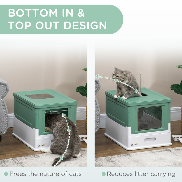 Hooded Cat Litter Box Scoop Included, Litter Tray with Front Entry Top Exit, Portable Pet Toilet with Large Space, 47.5 x 35.5 x 36.7 cm Green