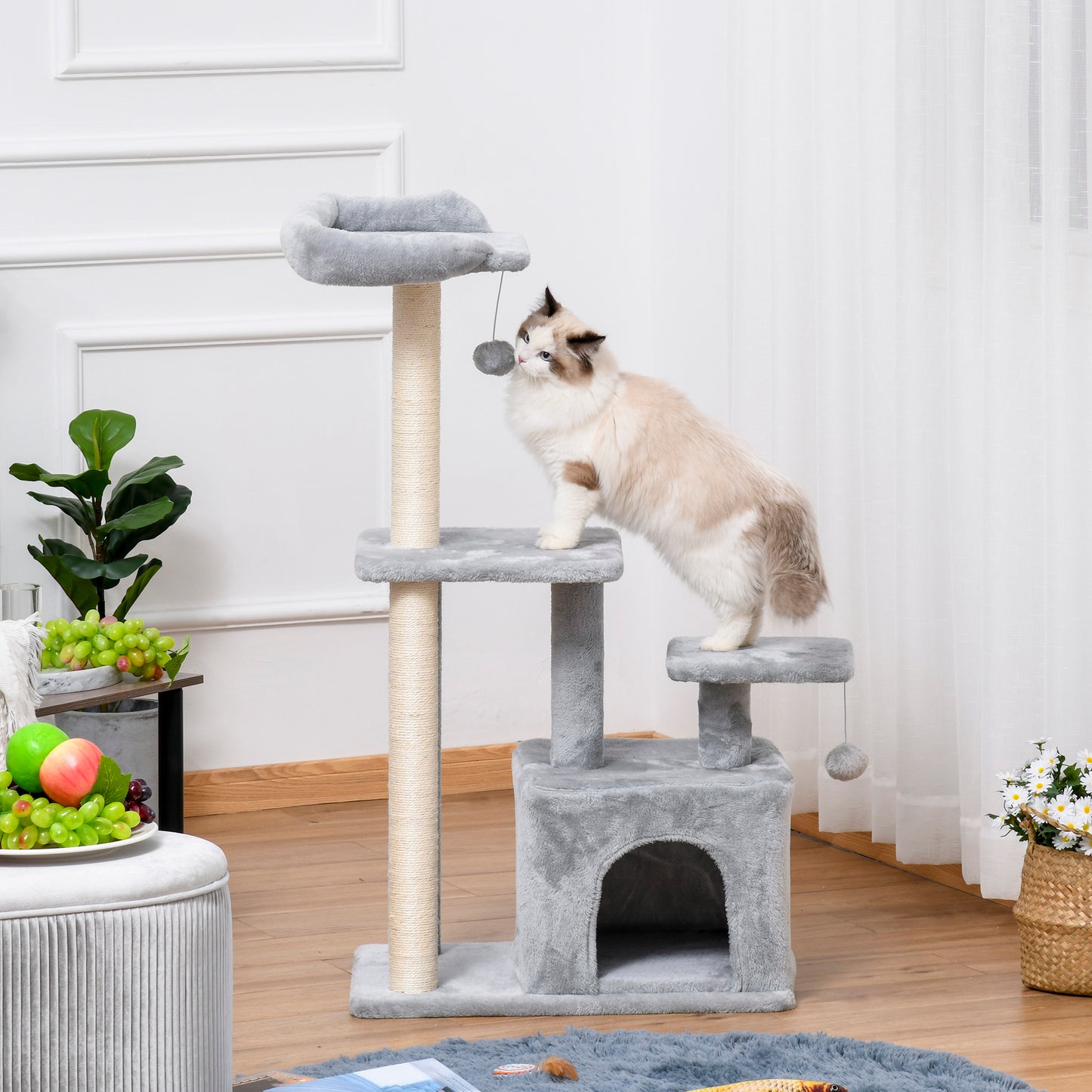 Cat Tree Tower for Indoor Cats 114cm Climbing Activity Centre Kitten with Sisal Scratching Post Perch Hanging Ball Condo Toy Light Grey