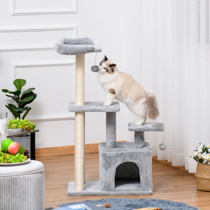 Cat Tree Tower for Indoor Cats 114cm Climbing Activity Centre Kitten with Sisal Scratching Post Perch Hanging Ball Condo Toy Light Grey