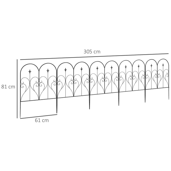 Metal Decorative Outdoor Picket Fence Panels Set of 5, Heart-shaped Scrollwork, Black