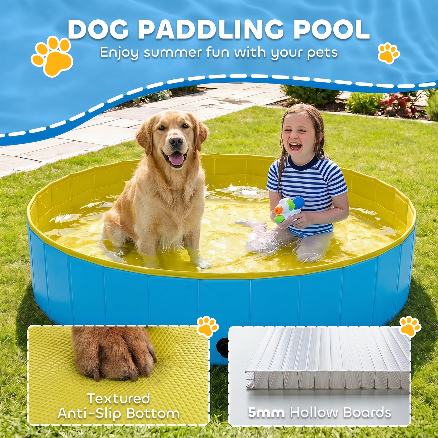 Foldable Dog Pool for Puppies and Ducks, Thickened PVC Dog Paddling Pool Bath Tub Hard Board, Anti-Slip Bottom and Hose Adapter for Easy Drainage, 140 x 30cm, Blue and Yellow