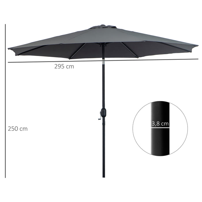 3(m) Tilting Parasol Garden Umbrellas, Outdoor Sun Shade with 8 Ribs, Tilt and Crank Handle for Balcony, Bench, Garden, Grey