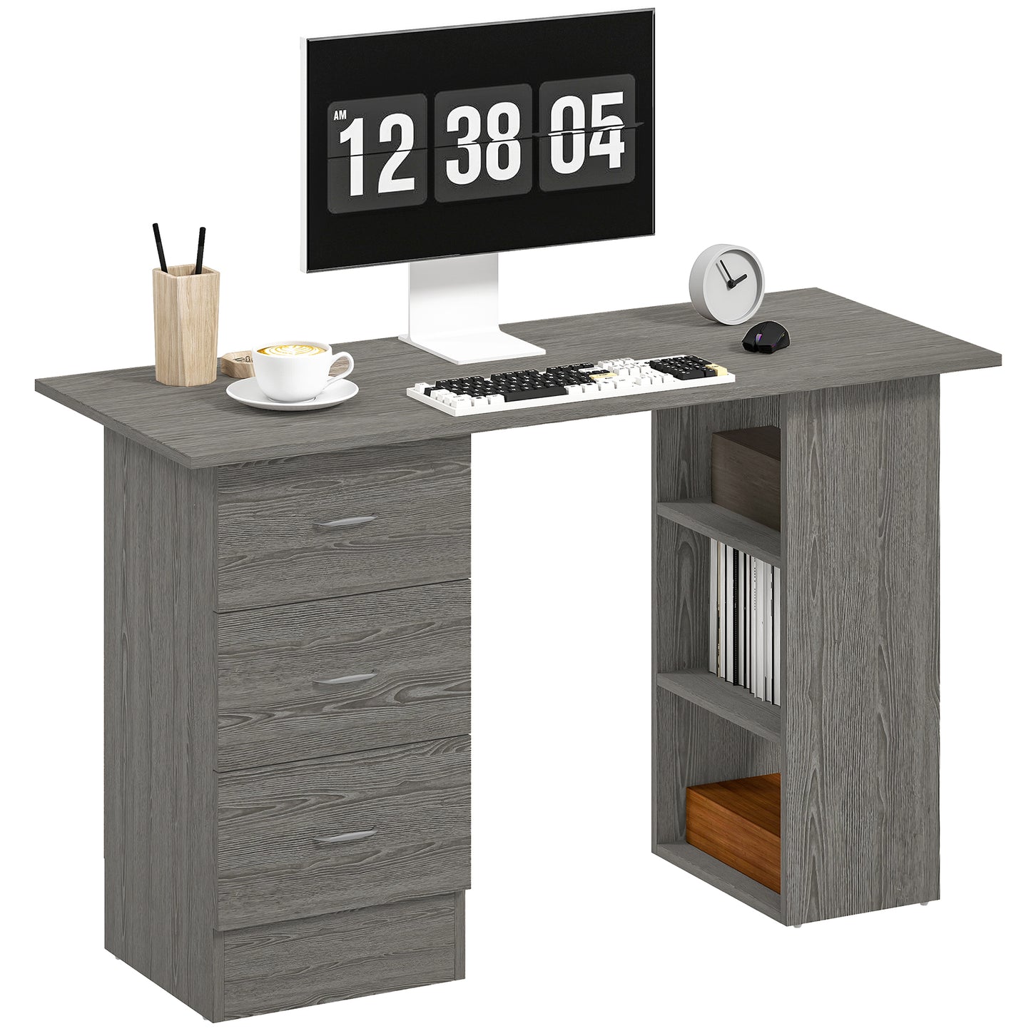 120cm Computer Desk, Study Table with 3 Shelf & Drawers, Grey