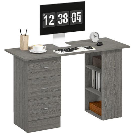 120cm Computer Desk, Study Table with 3 Shelf & Drawers, Grey