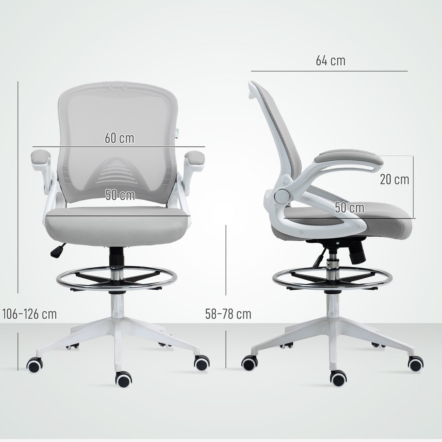 Mesh Office Stool, 60° Swivel Height Adjustable Chair, Light Grey