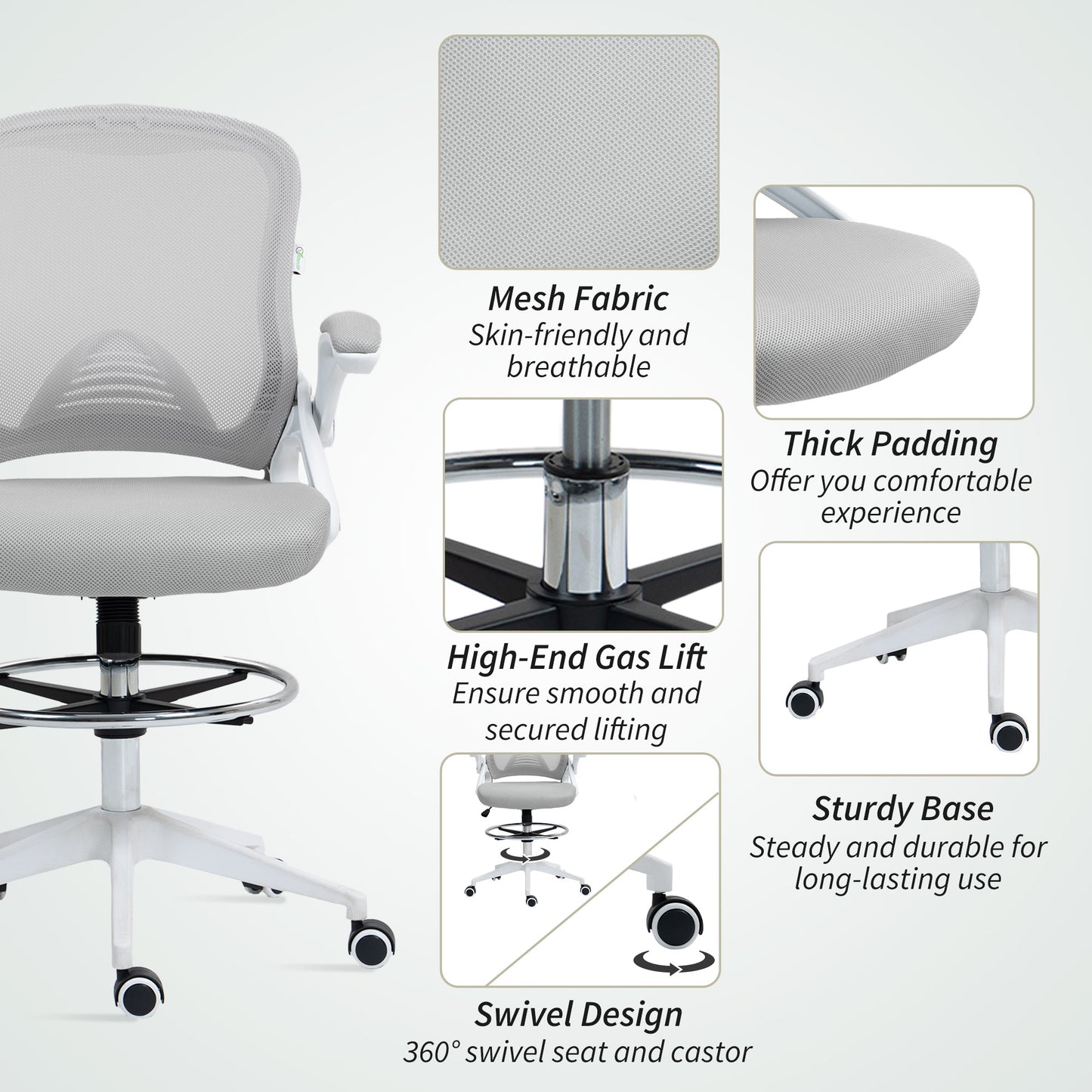 Mesh Office Stool, 60° Swivel Height Adjustable Chair, Light Grey