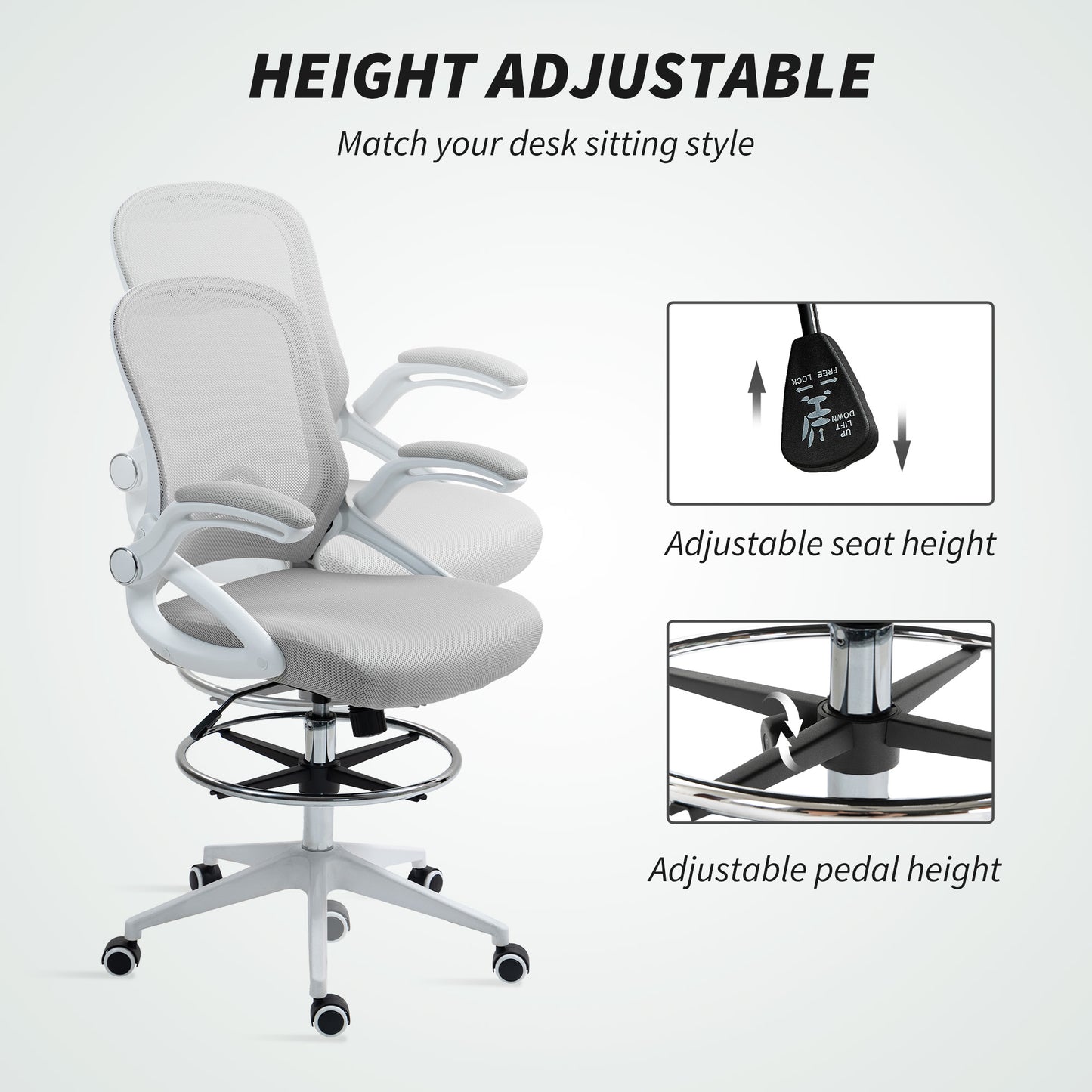 Mesh Office Stool, 60° Swivel Height Adjustable Chair, Light Grey