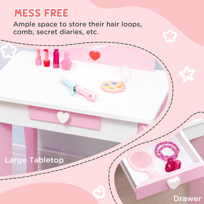 ZONEKIZ Kids Dressing Table Set Kids Vanity Set Girl Makeup Desk with Mirror Stool Drawer Cute Patterns for 3-6 Years Old, Pink