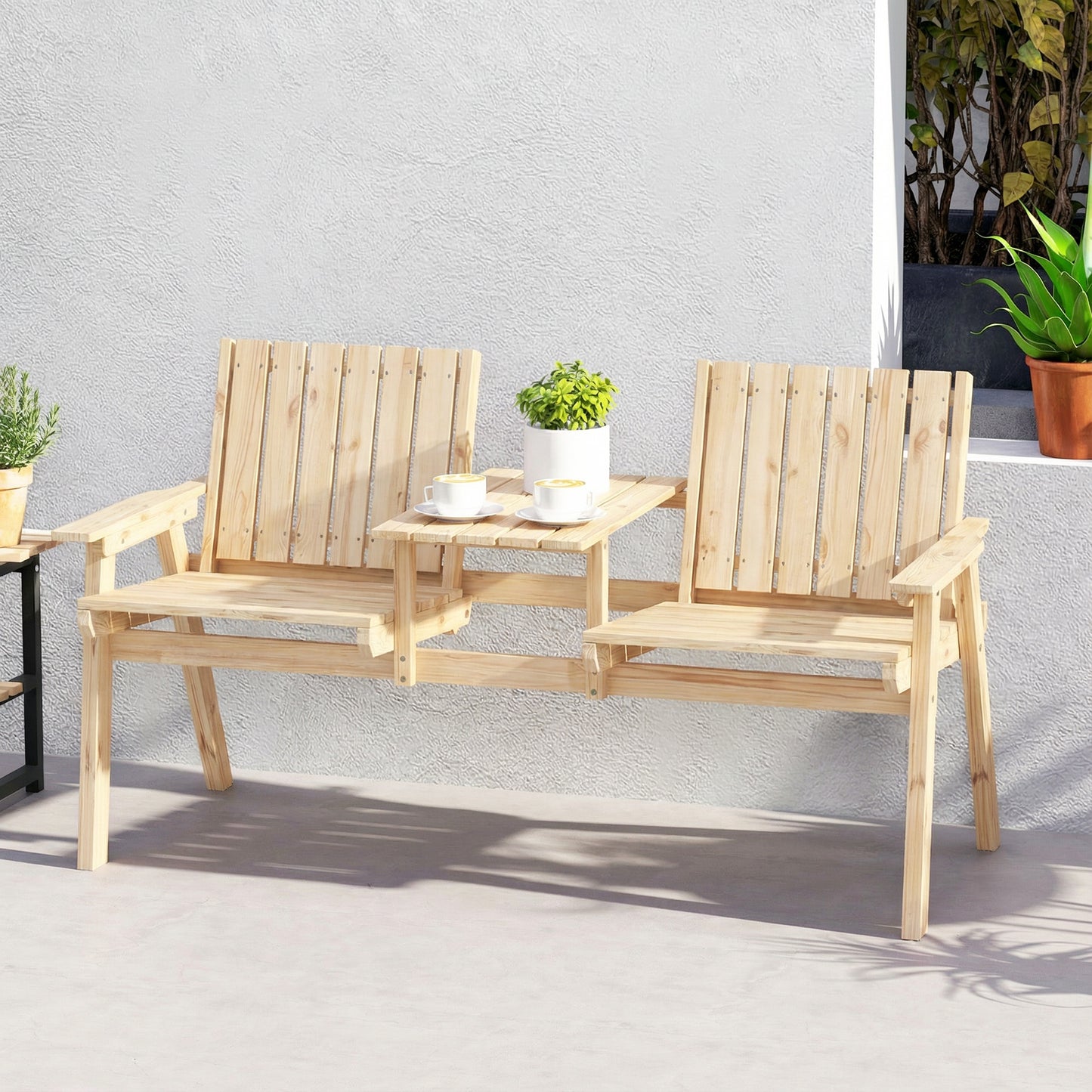 Wooden Garden Loveseat with Parasol Hole, Natural Wood Finish