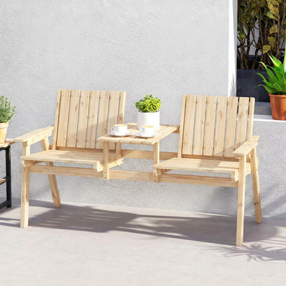 Wooden Garden Loveseat with Parasol Hole, Natural Wood Finish