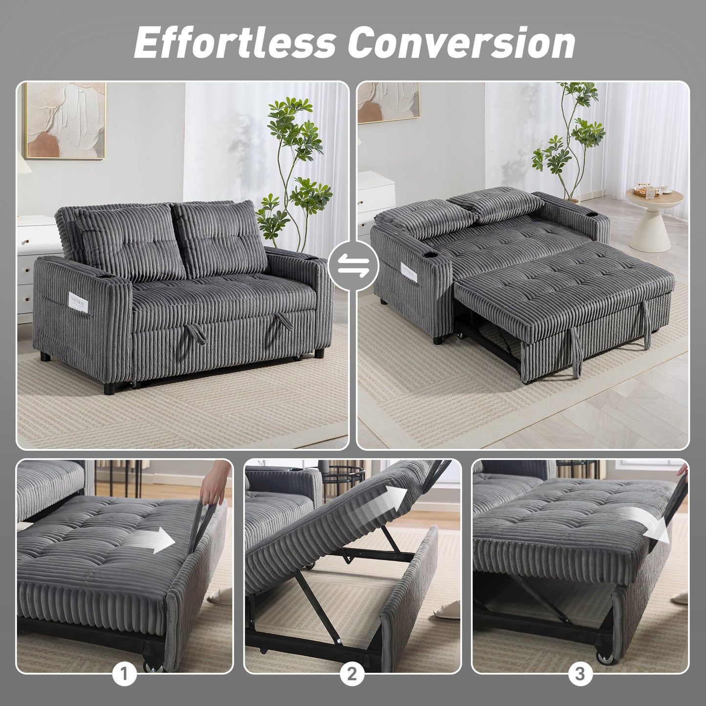 2 Seater Sofa Bed, Click Clack Pull Out Bed Settee, Charcoal Grey