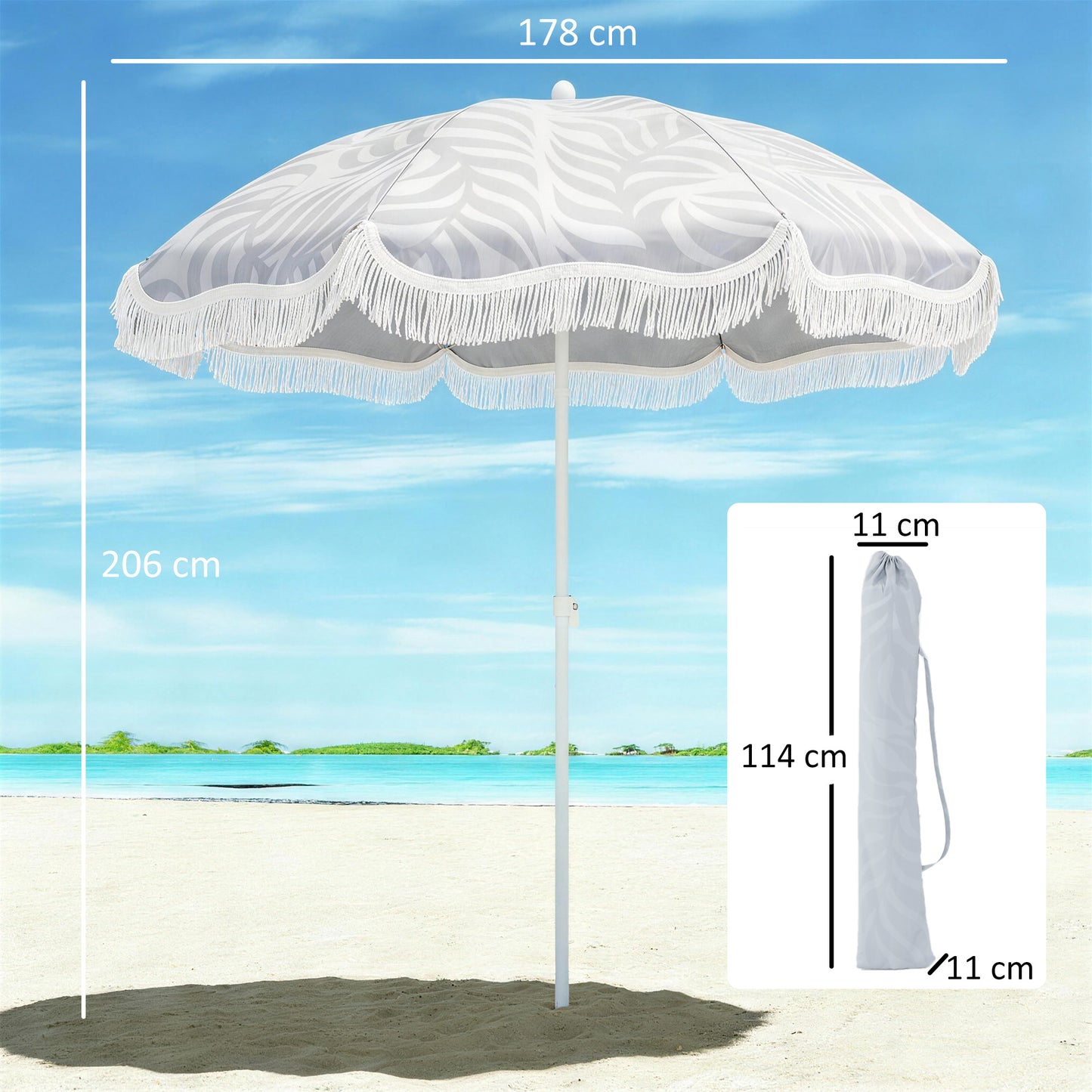 1.8 m Beach Umbrella Parasol with Sand Anchor, 30 Tilt, Light Grey