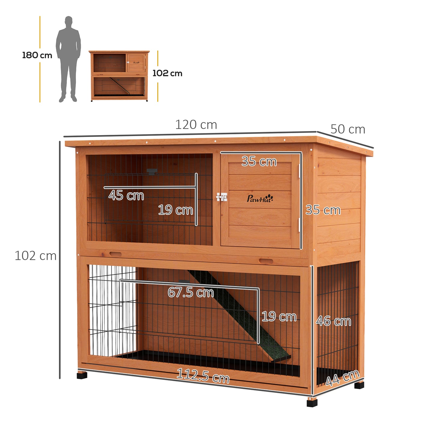 Wooden Rabbit Hutch Antiseptic Outdoor, for 1-2 Rabbits, Orange