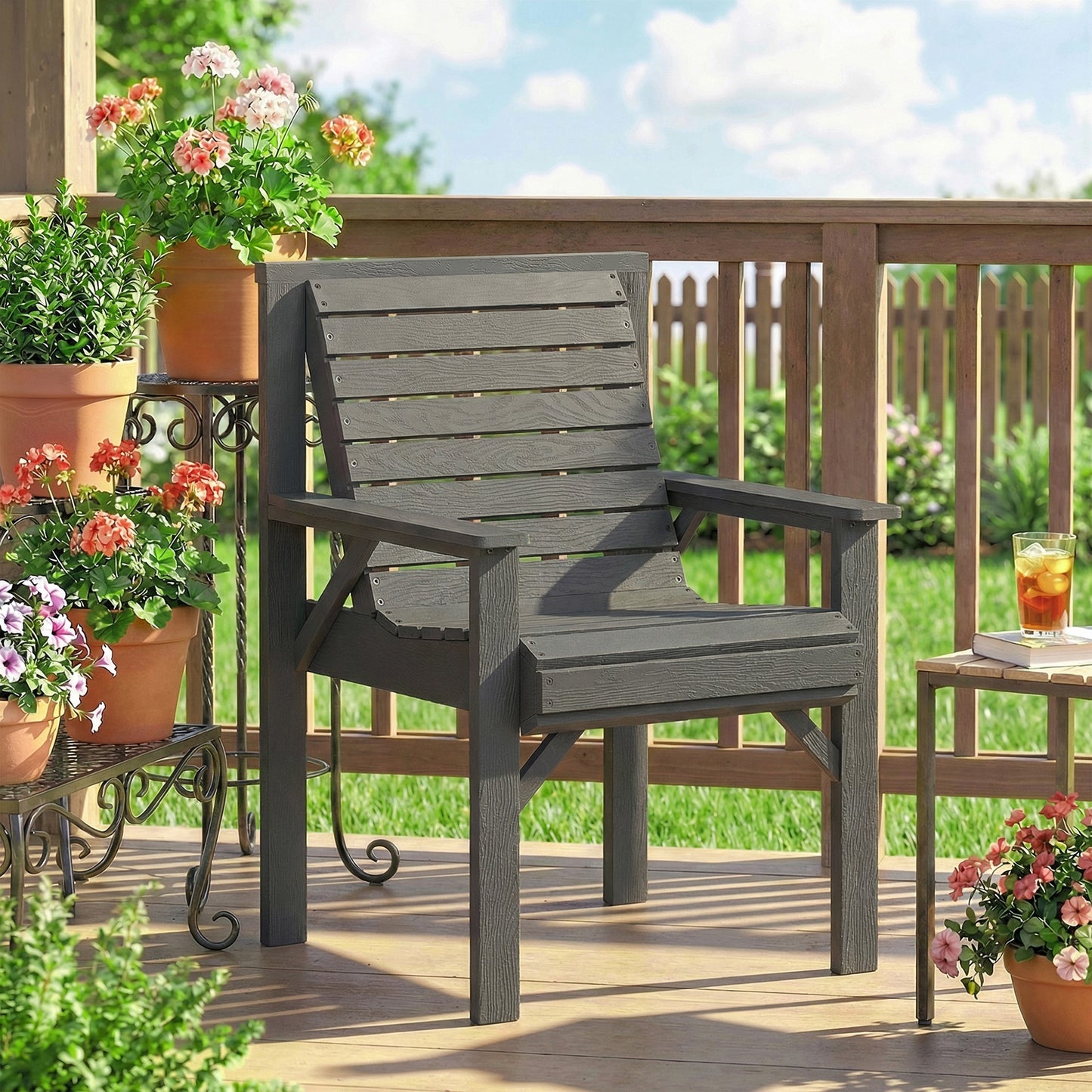 Wood Garden Chair Outdoor Dining Chair with Curved Seat, Grey
